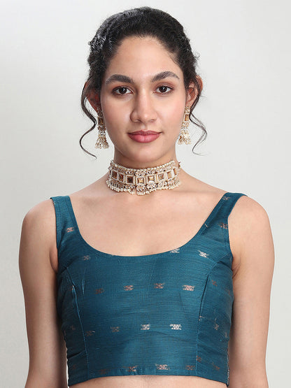 Janasya Teal Blue Linen Blend Floral Jacquard Saree
