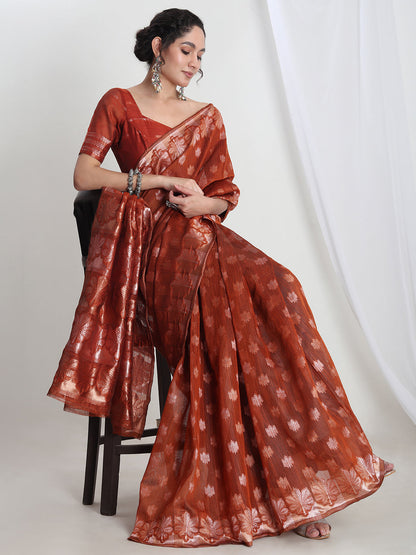 Janasya Rust Linen Blend Floral Jacquard Saree
