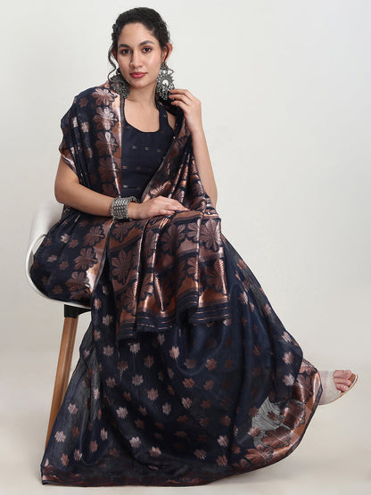 Janasya Indigo Linen Blend Floral Jacquard Saree