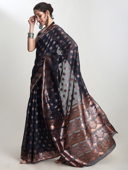 Janasya Indigo Linen Blend Floral Jacquard Saree