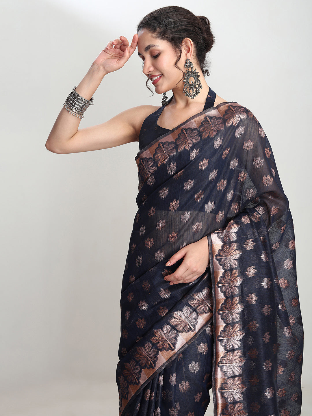 Janasya Indigo Linen Blend Floral Jacquard Saree