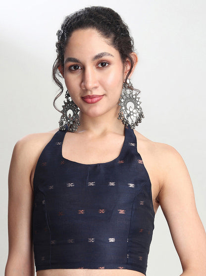 Janasya Indigo Linen Blend Floral Jacquard Saree