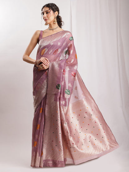 Janasya Mauve Linen Blend Floral Jacquard Saree
