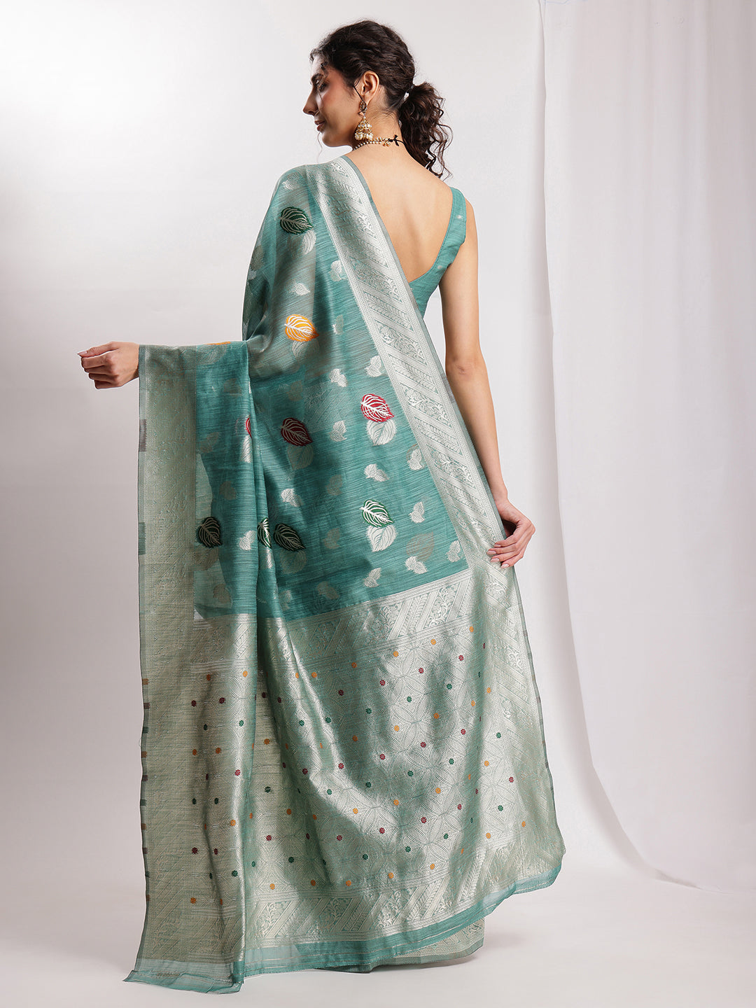 Janasya Sea Green Linen Blend Floral Jacquard Saree