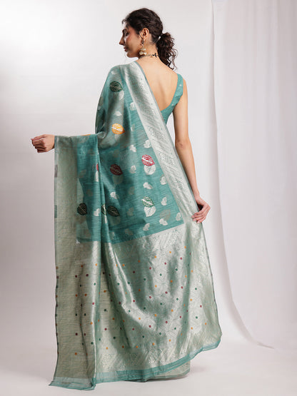 Janasya Sea Green Linen Blend Floral Jacquard Saree