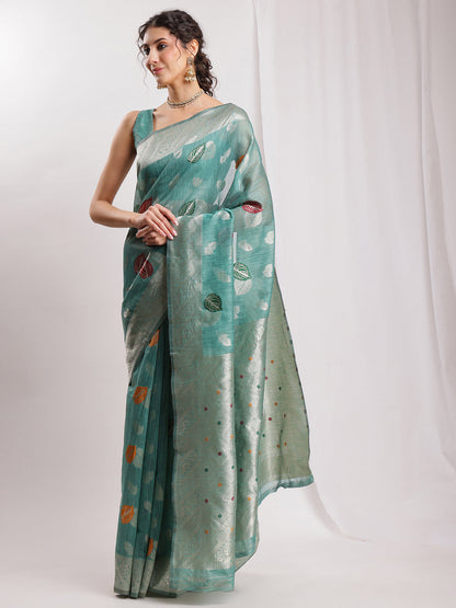 Janasya Sea Green Linen Blend Floral Jacquard Saree