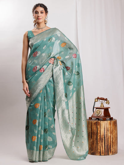 Janasya Sea Green Linen Blend Floral Jacquard Saree