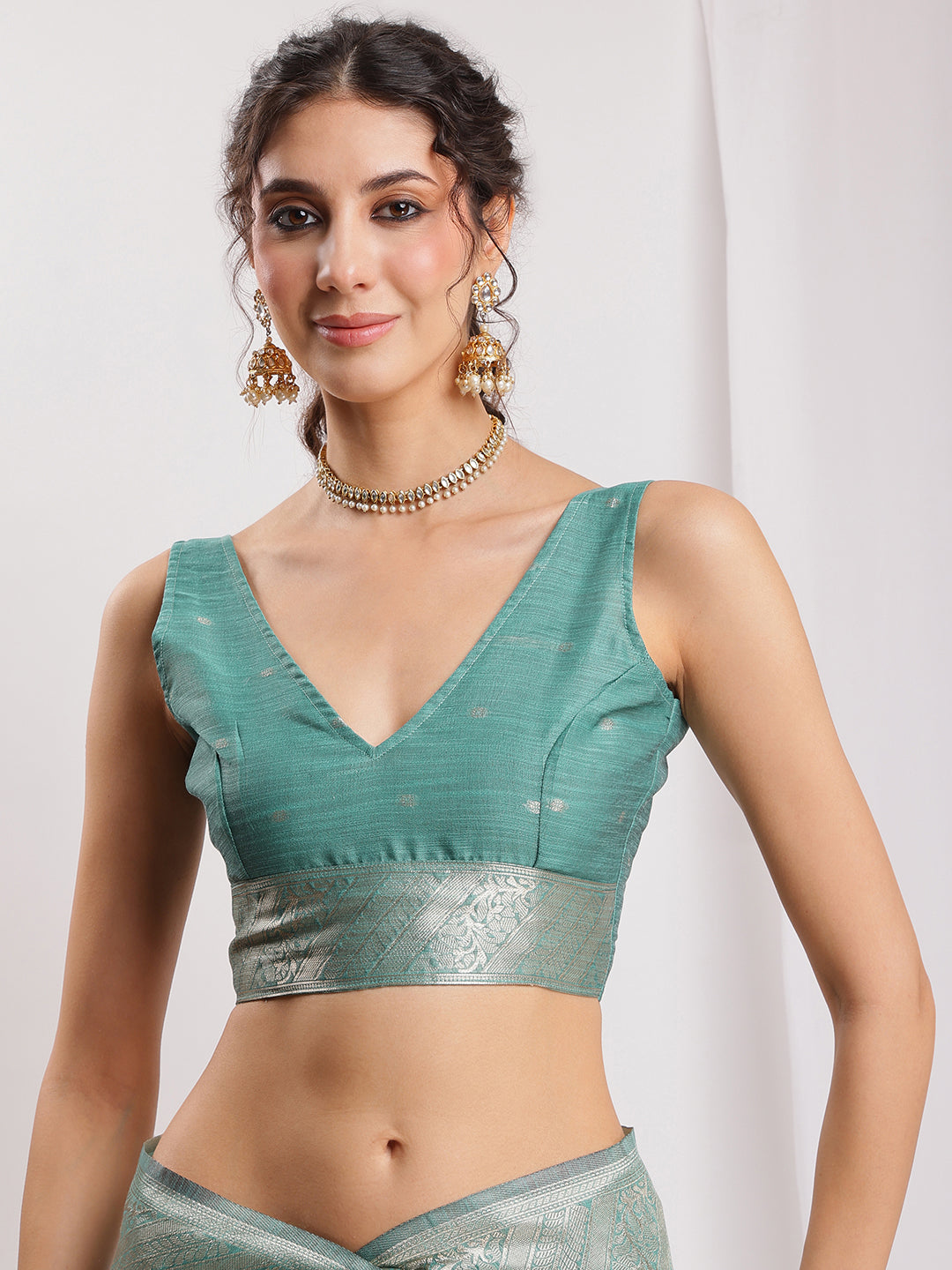 Janasya Sea Green Linen Blend Floral Jacquard Saree