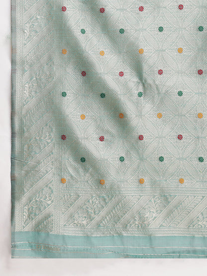 Janasya Sea Green Linen Blend Floral Jacquard Saree