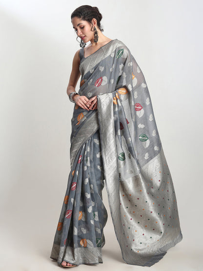 Janasya Grey Linen Blend Floral Jacquard Saree