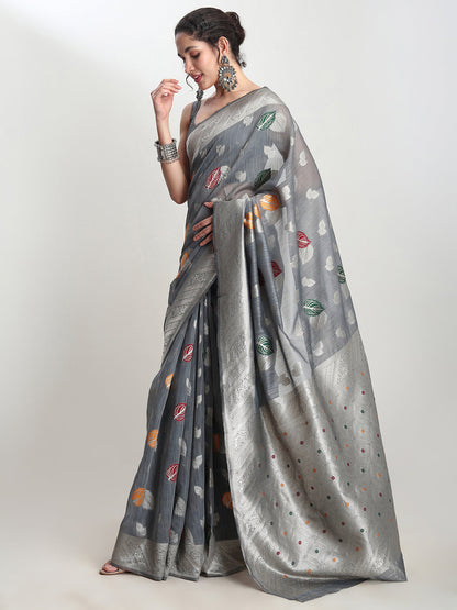 Janasya Grey Linen Blend Floral Jacquard Saree