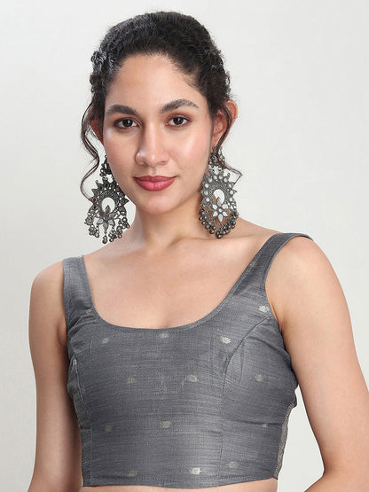 Janasya Grey Linen Blend Floral Jacquard Saree