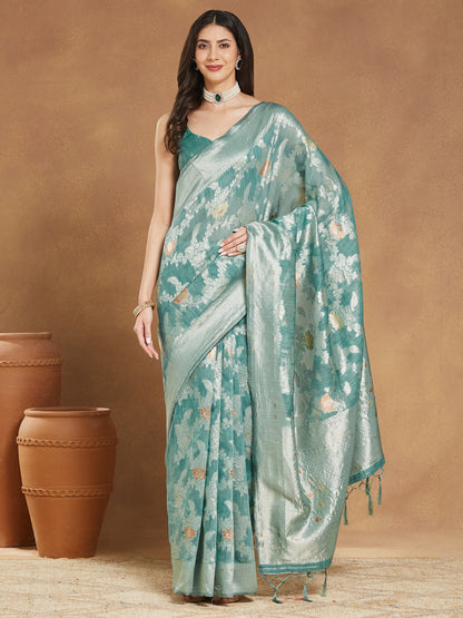 Janasya Sea Green Linen Blend Floral Jacquard Saree