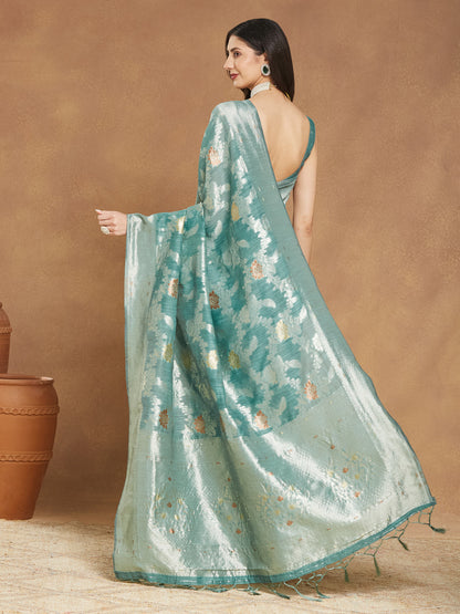 Janasya Sea Green Linen Blend Floral Jacquard Saree