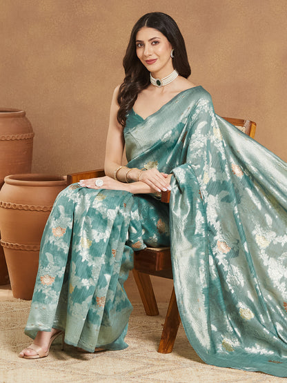 Janasya Sea Green Linen Blend Floral Jacquard Saree