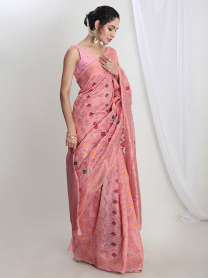 Janasya Pink Linen Blend Geometric Jacquard Saree