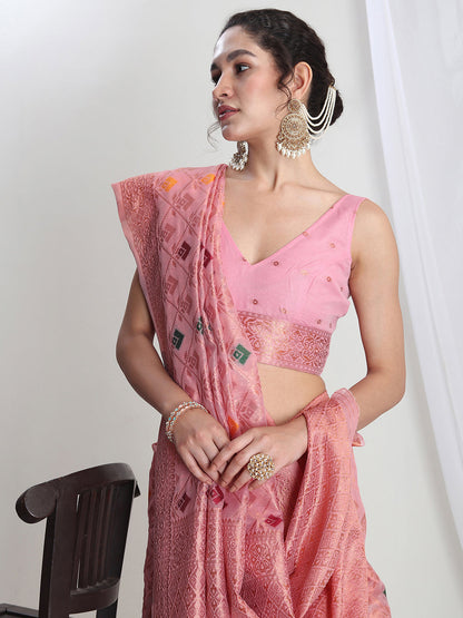 Janasya Pink Linen Blend Geometric Jacquard Saree