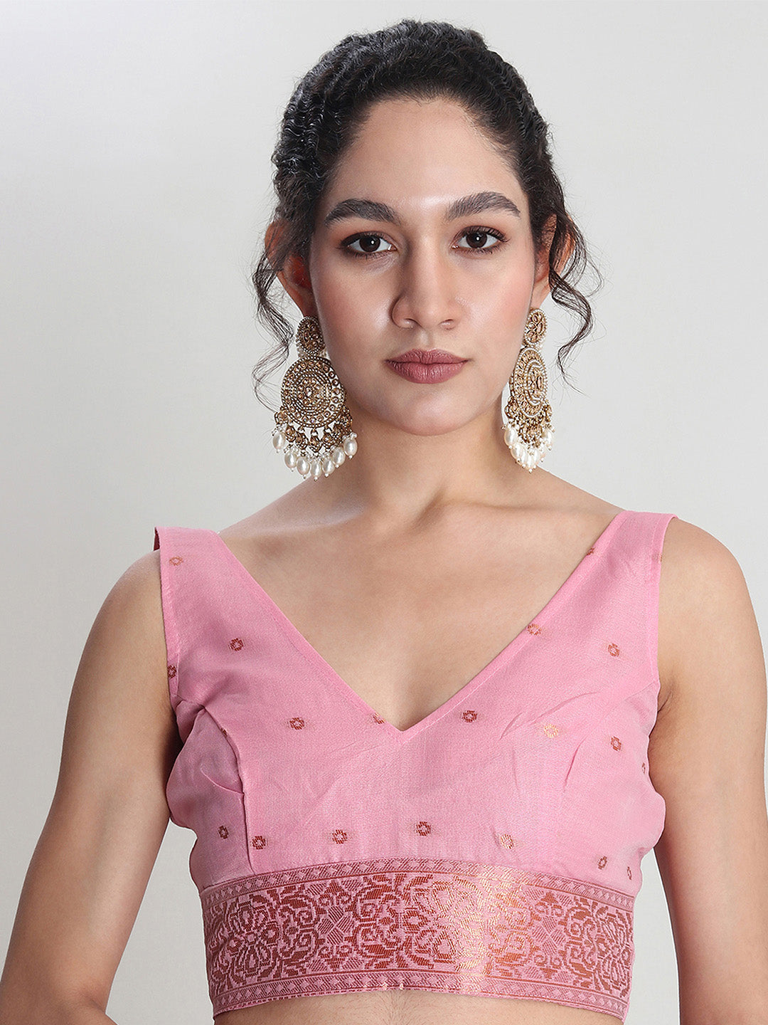 Janasya Pink Linen Blend Geometric Jacquard Saree