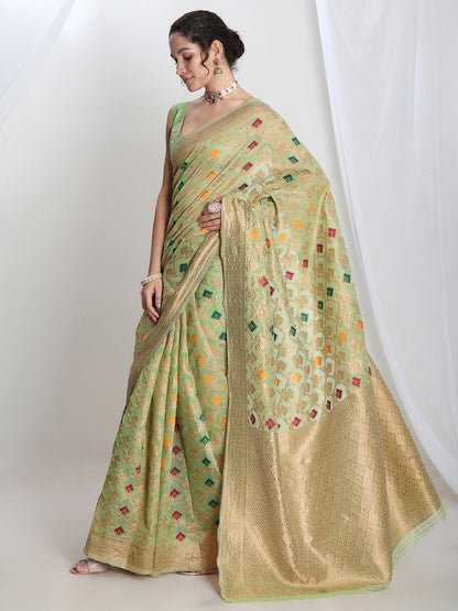Janasya Green Linen Blend Geometric Jacquard Saree