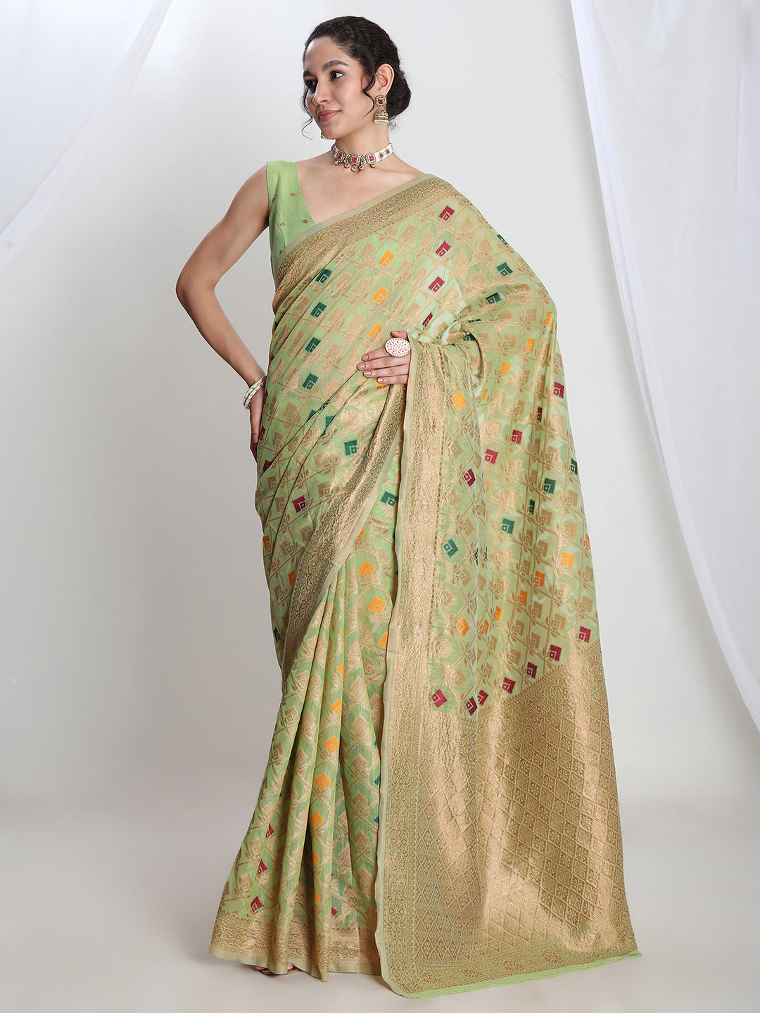 Janasya Green Linen Blend Geometric Jacquard Saree