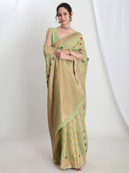 Janasya Green Linen Blend Geometric Jacquard Saree