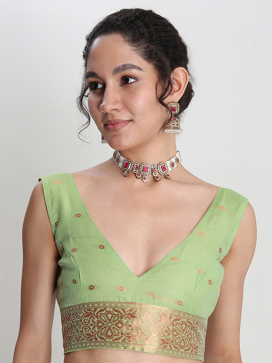 Janasya Green Linen Blend Geometric Jacquard Saree