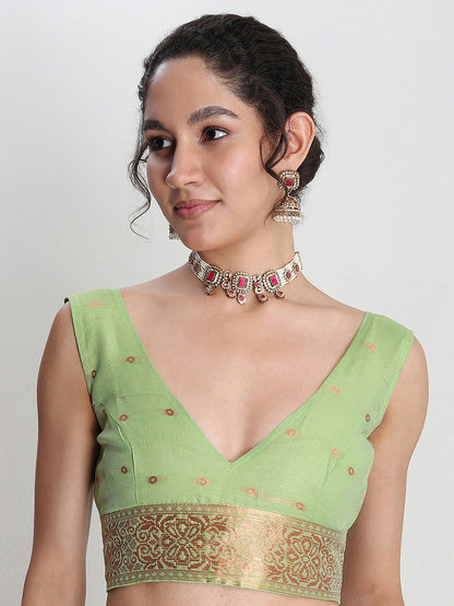 Janasya Green Linen Blend Geometric Jacquard Saree
