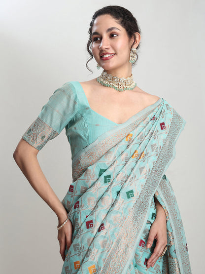 Janasya Sea Green Linen Blend Geometric Jacquard Saree