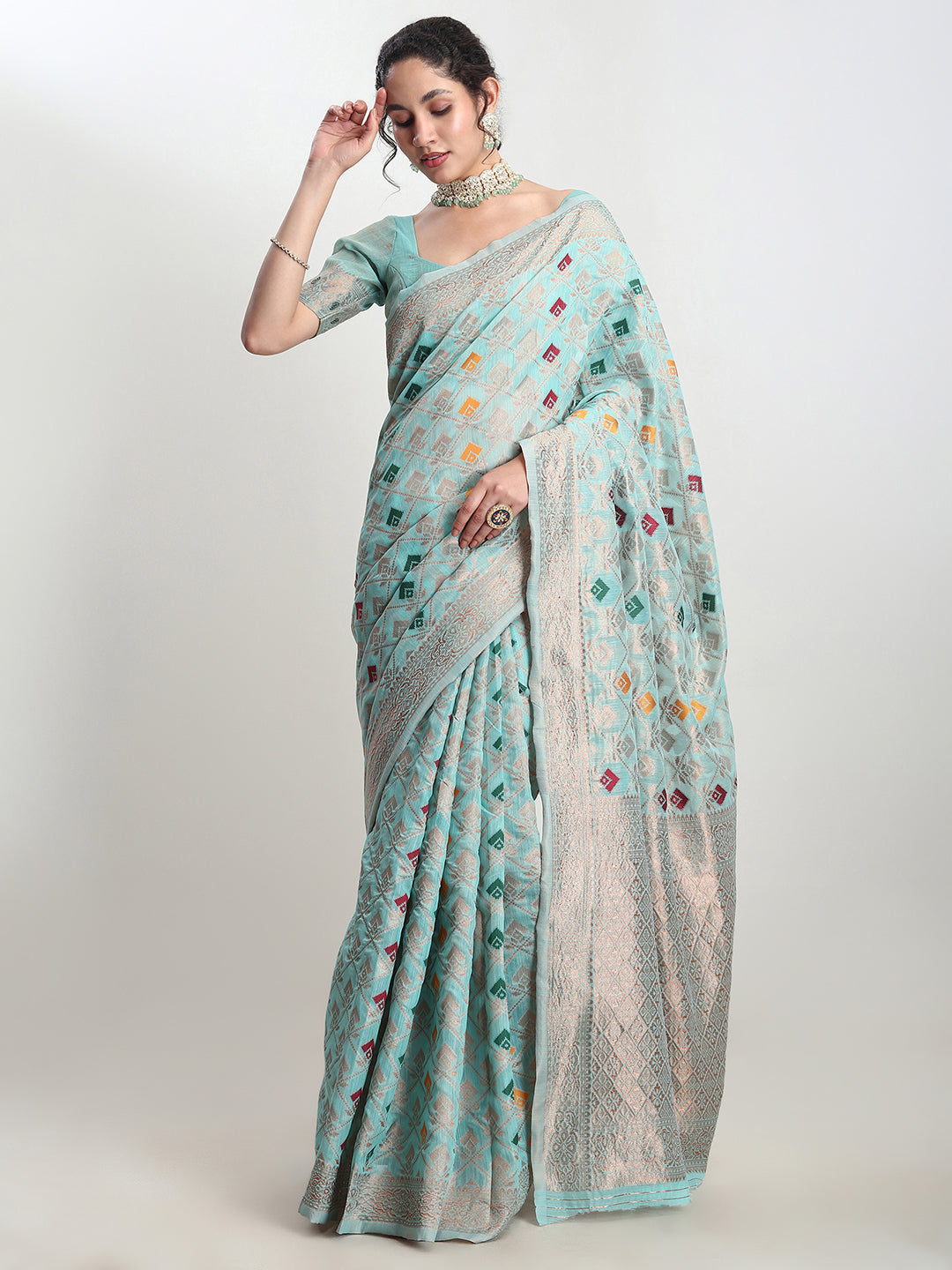 Janasya Sea Green Linen Blend Geometric Jacquard Saree