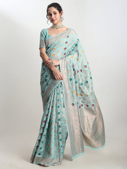 Janasya Sea Green Linen Blend Geometric Jacquard Saree