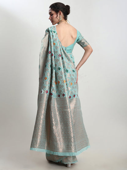 Janasya Sea Green Linen Blend Geometric Jacquard Saree