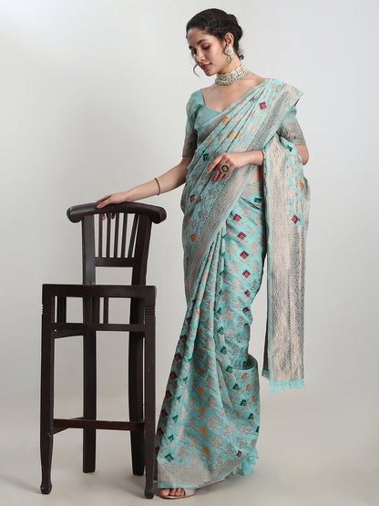 Janasya Sea Green Linen Blend Geometric Jacquard Saree