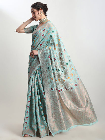 Janasya Sea Green Linen Blend Geometric Jacquard Saree