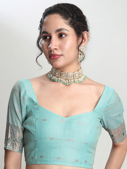 Janasya Sea Green Linen Blend Geometric Jacquard Saree