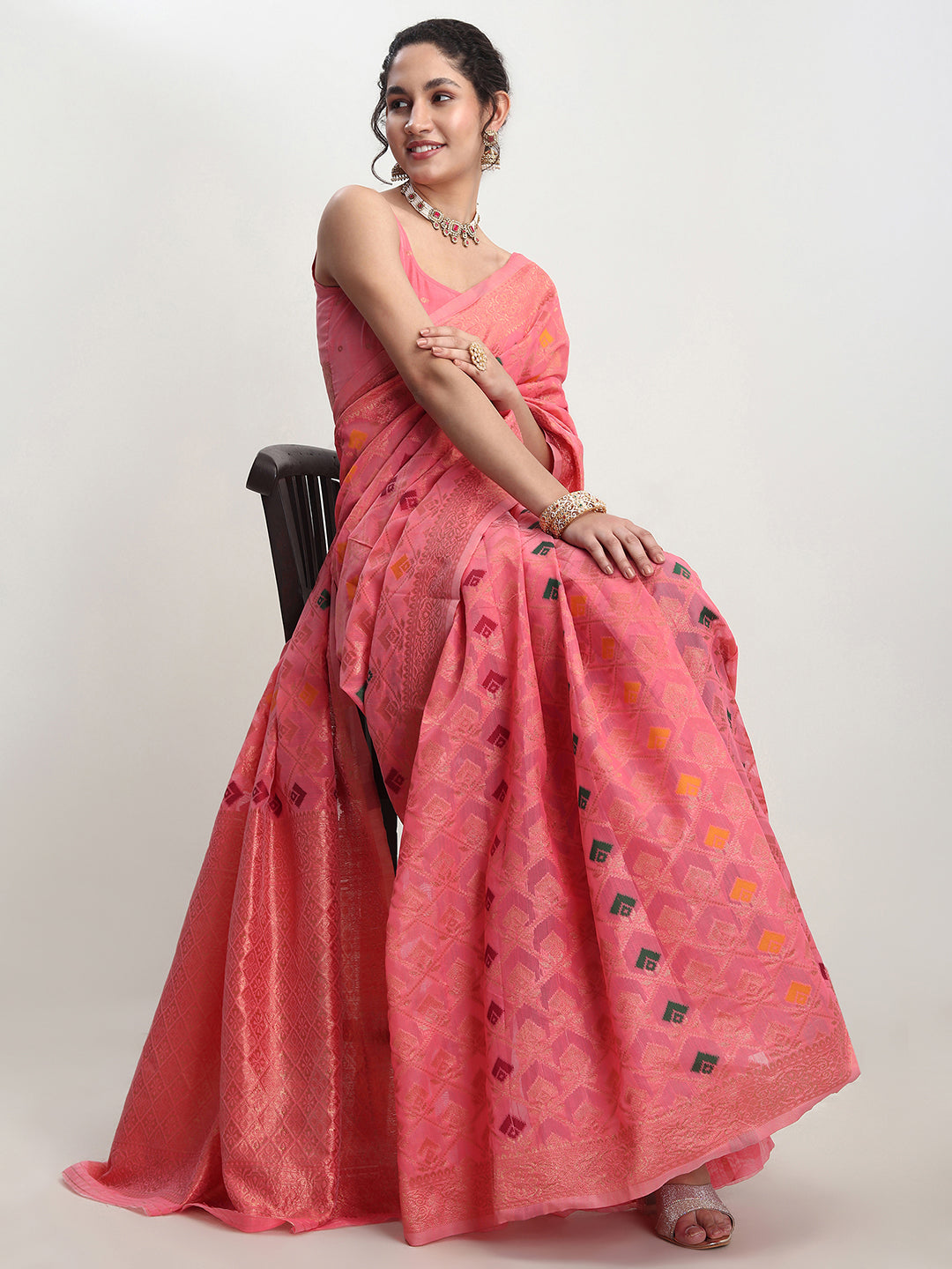 Janasya Peach Linen Blend Geometric Jacquard Saree