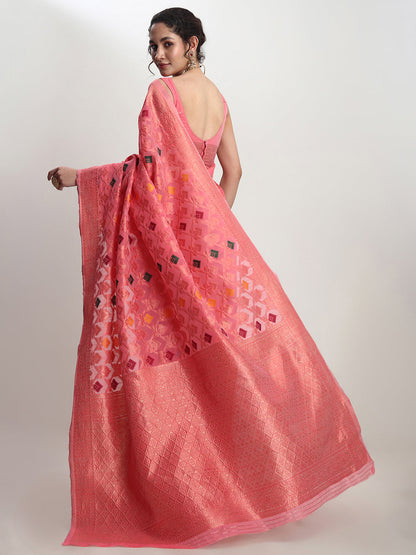 Janasya Peach Linen Blend Geometric Jacquard Saree