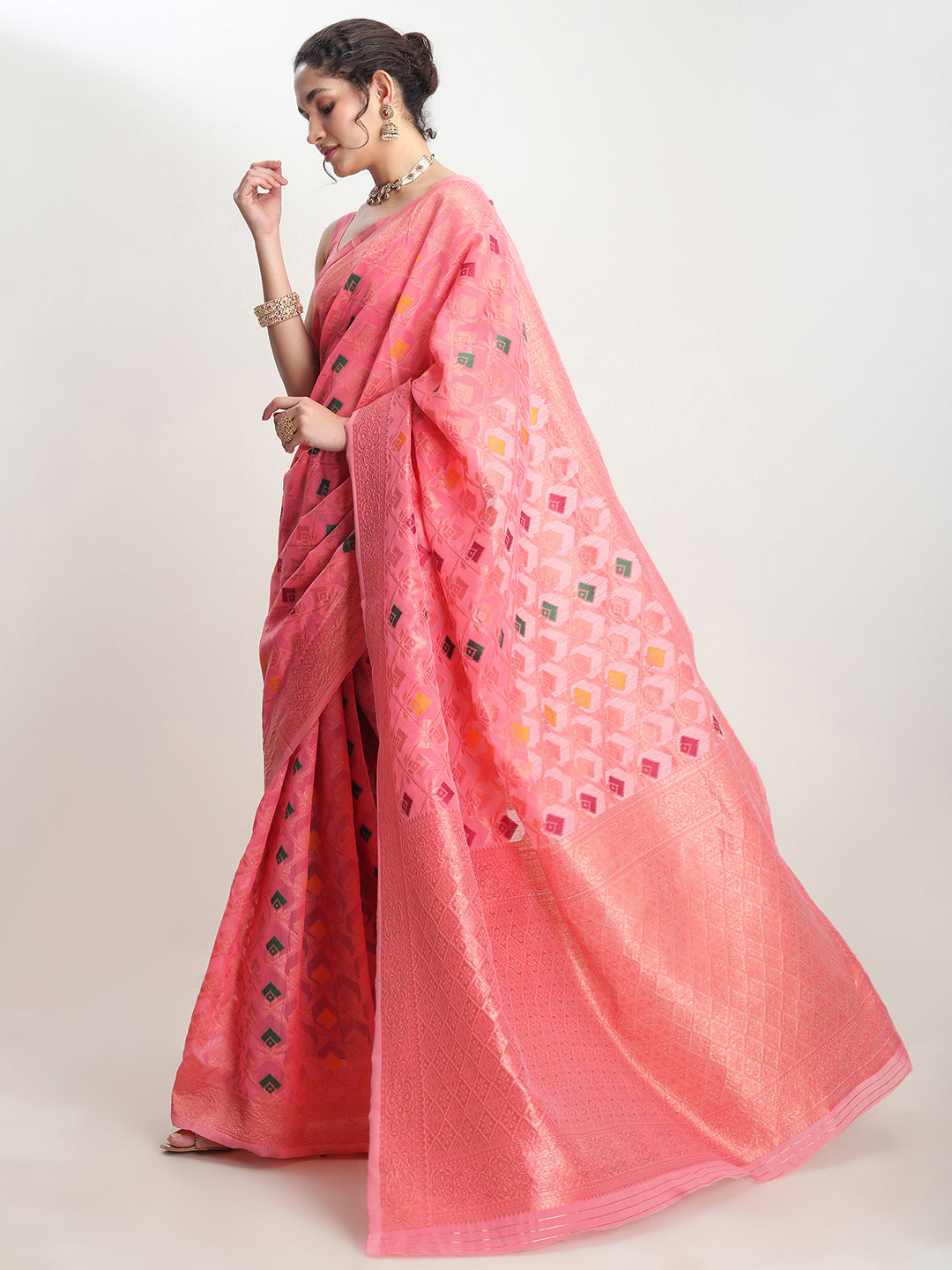Janasya Peach Linen Blend Geometric Jacquard Saree