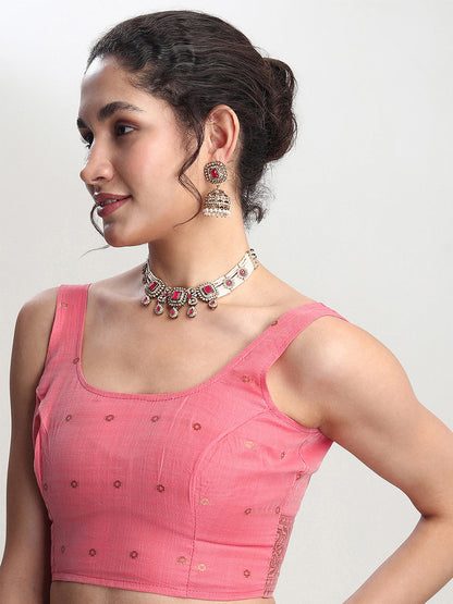 Janasya Peach Linen Blend Geometric Jacquard Saree