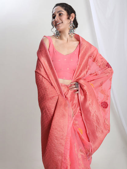 Janasya Peach Linen Blend Floral Jacquard Saree
