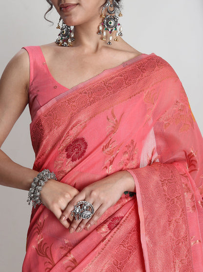 Janasya Peach Linen Blend Floral Jacquard Saree