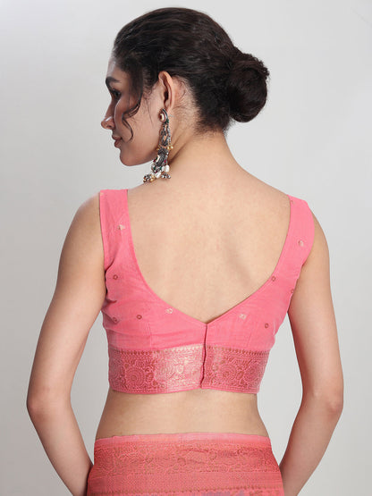 Janasya Peach Linen Blend Floral Jacquard Saree