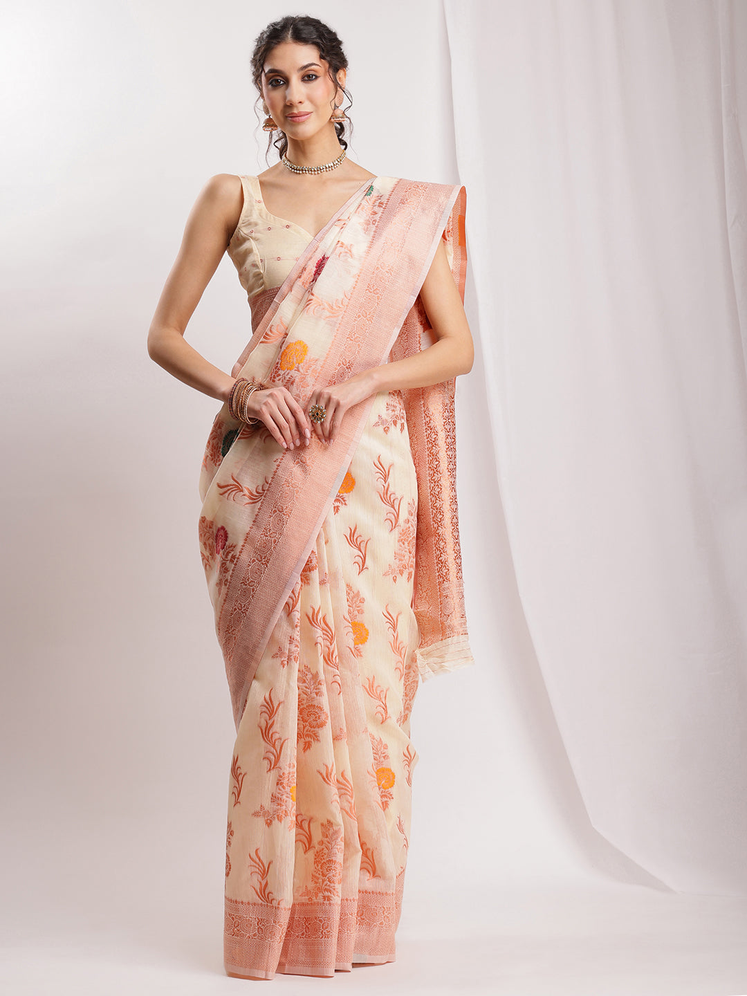 Janasya Orange Linen Blend Floral Jacquard Saree