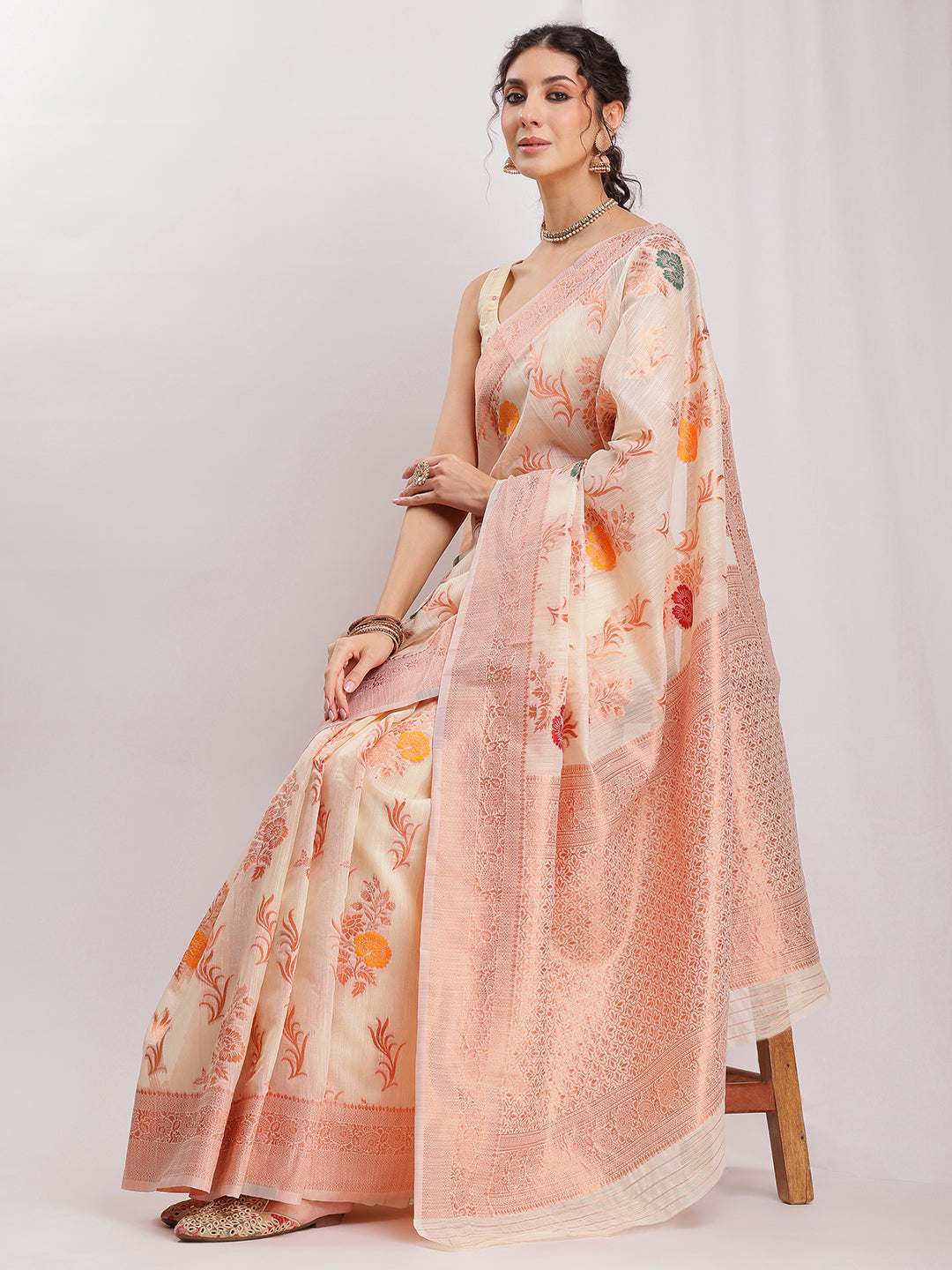 Janasya Orange Linen Blend Floral Jacquard Saree