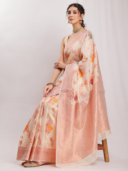 Janasya Orange Linen Blend Floral Jacquard Saree