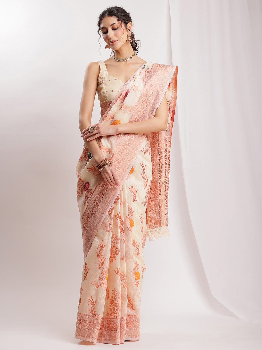 Janasya Orange Linen Blend Floral Jacquard Saree