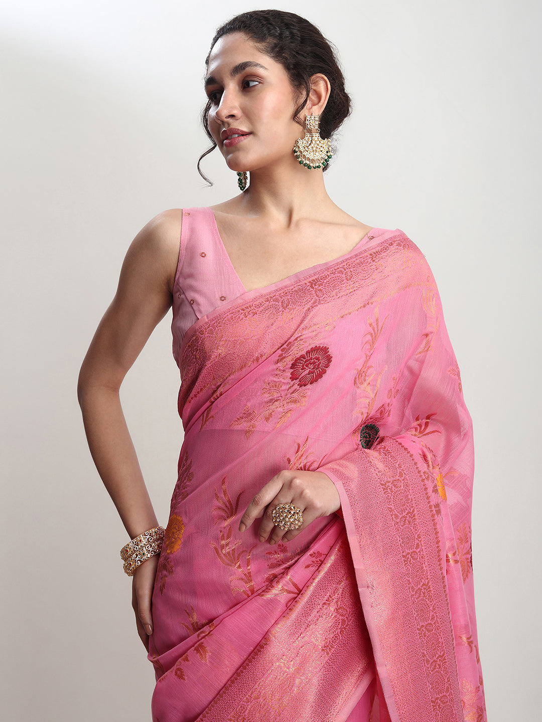 Janasya Pink Linen Blend Floral Jacquard Saree