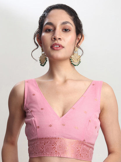 Janasya Pink Linen Blend Floral Jacquard Saree