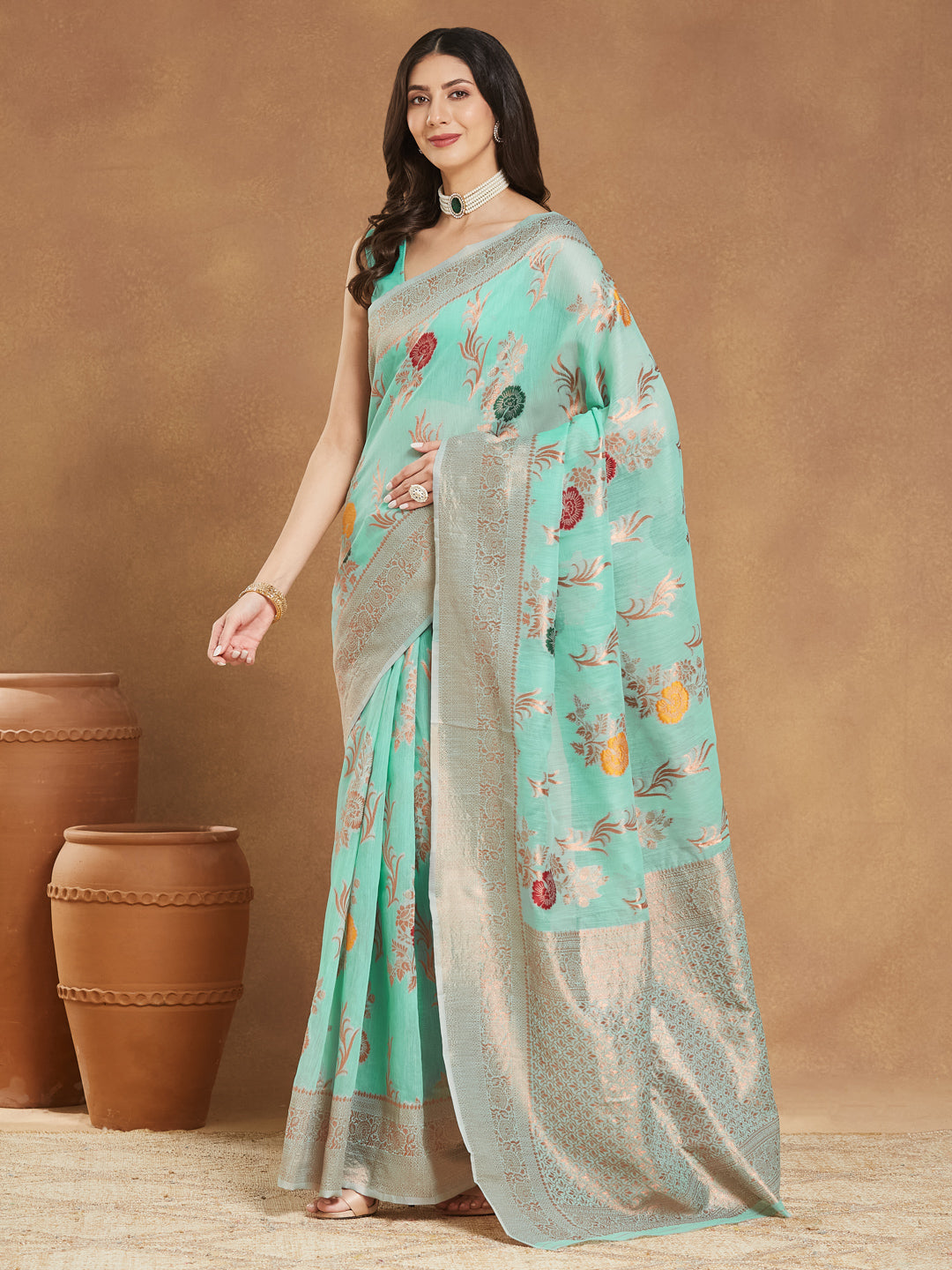 Janasya Sea Blue Linen Blend Floral Jacquard Saree