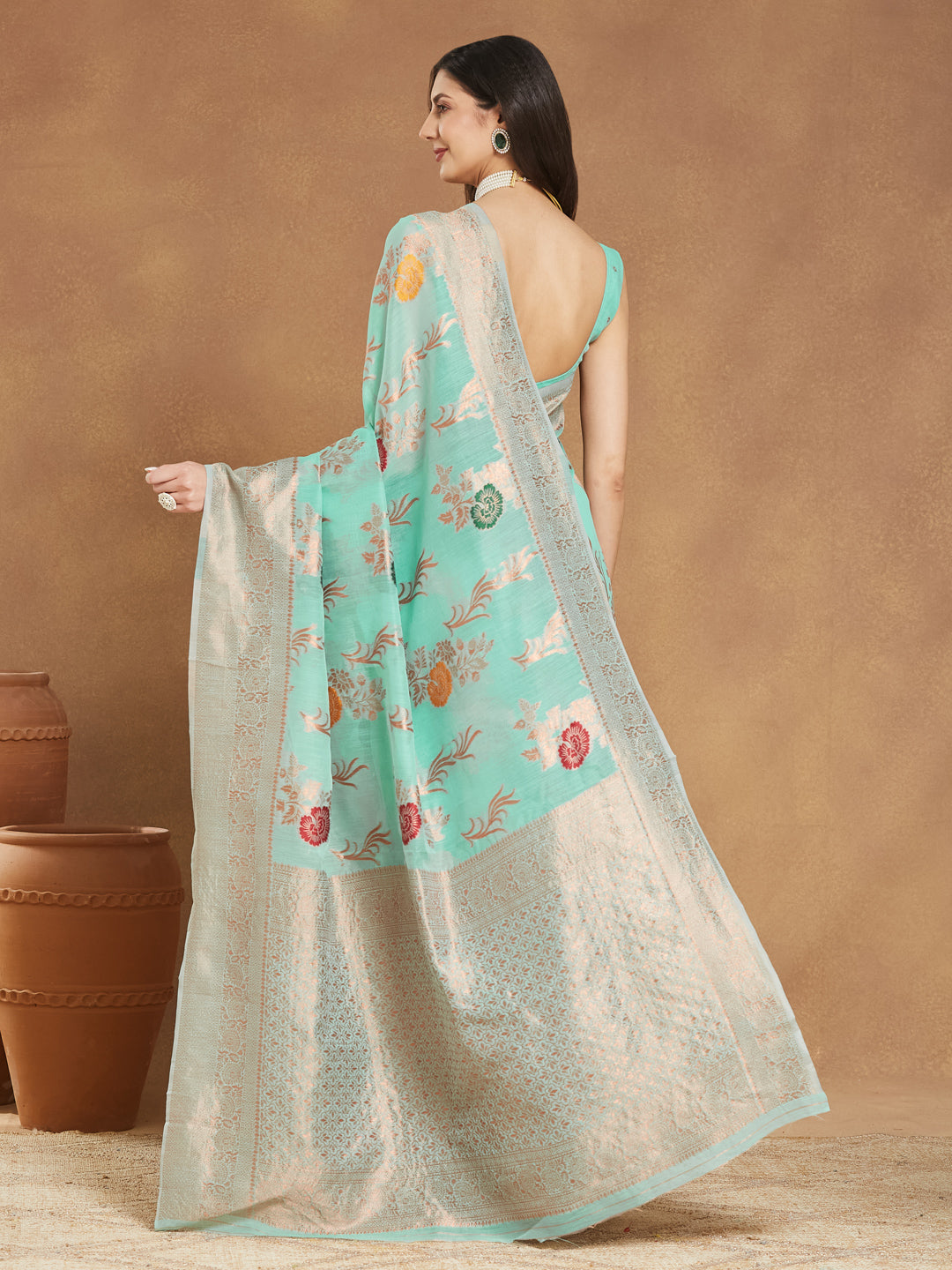 Janasya Sea Blue Linen Blend Floral Jacquard Saree