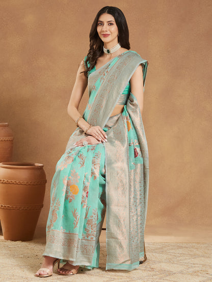 Janasya Sea Blue Linen Blend Floral Jacquard Saree